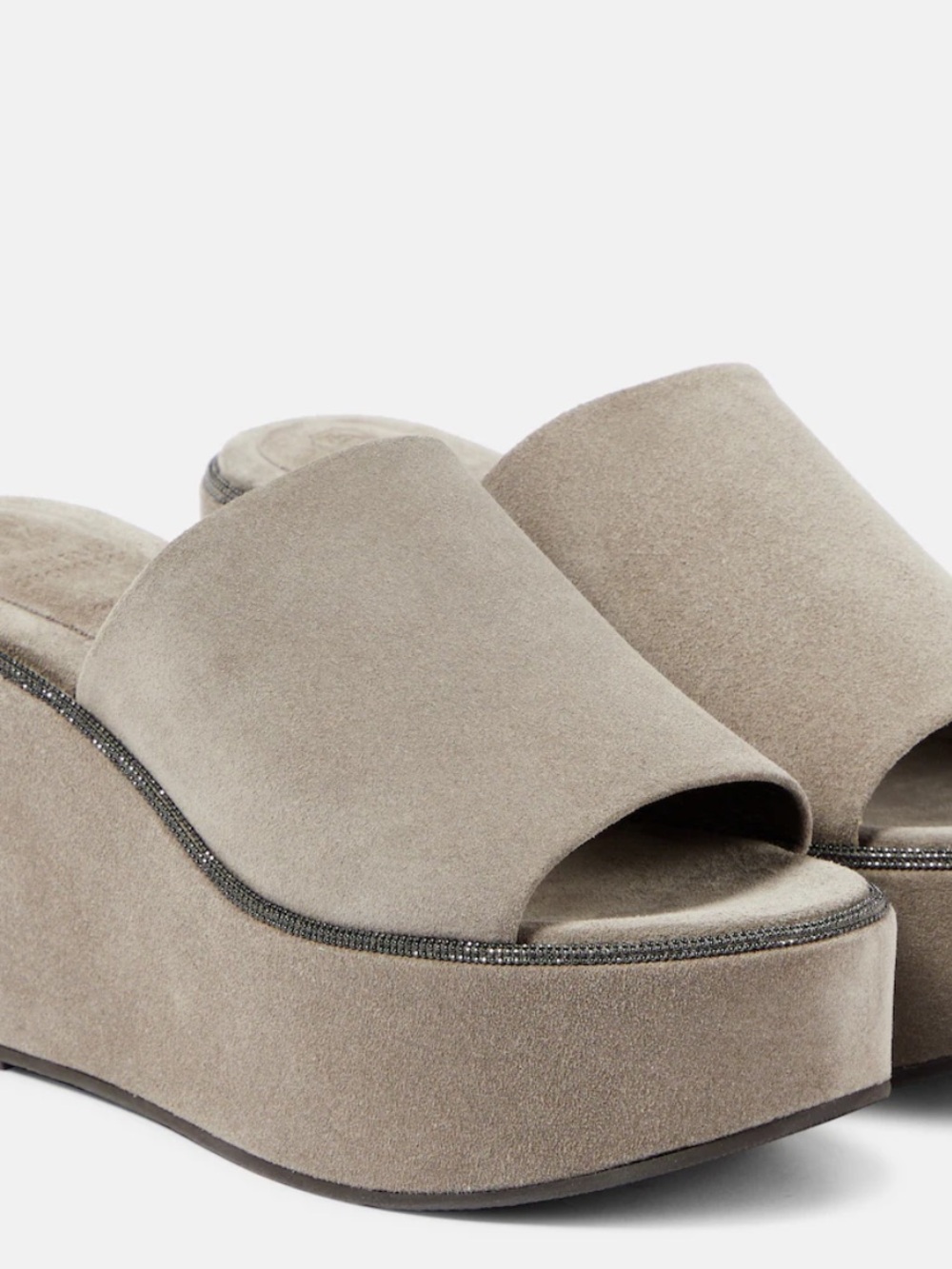 Brunello Cucinelli Taupe Suede Platform Wedge Slide